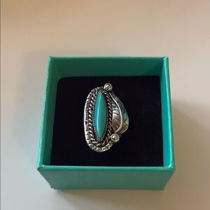 Navajo Turquoise Ring Silver Native American Southwest Handmade Feather Size 7.5